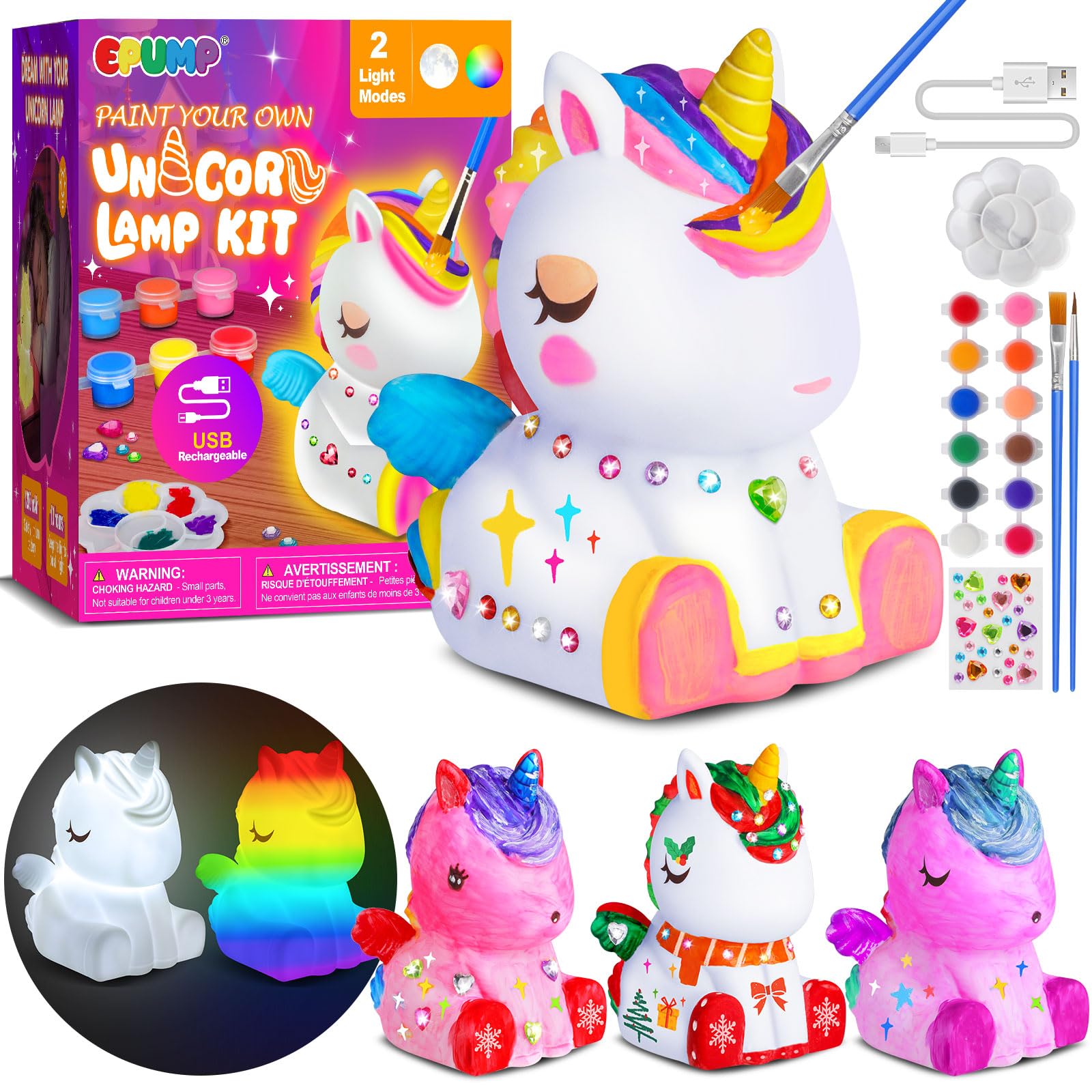 EPUMP Paint Your Own Unicorn Lamp Kit - Rechargeable 1200mAh Night Light with 2 Light Modes, Arts and Crafts Painting Toys for Girls Boys, Art Supplies Birthday Gifts for Kids Ages 3-12+