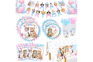 MIUCAT Cat Birthday Decorations, 146Pcs Cat Birthday Party Supplies-Serves 24 Cat Party Disposable Tableware with Cat Party Plates Cups Napkins Tablecloth Balloons for Kitten Girls Birthday Party Decorations