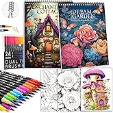 Adult Coloring Book for Women Relaxation, Spiral Bound Mindfulness Coloring Book with 24 Colors Markers for Adult, Anxiety Relief Gifts with 48 Pictures (Garden & Magic House)