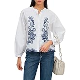 Women's Floral Embroidered Tops Boho Long Sleeve V Neck Button Up Shirt Fall Casual Blouses