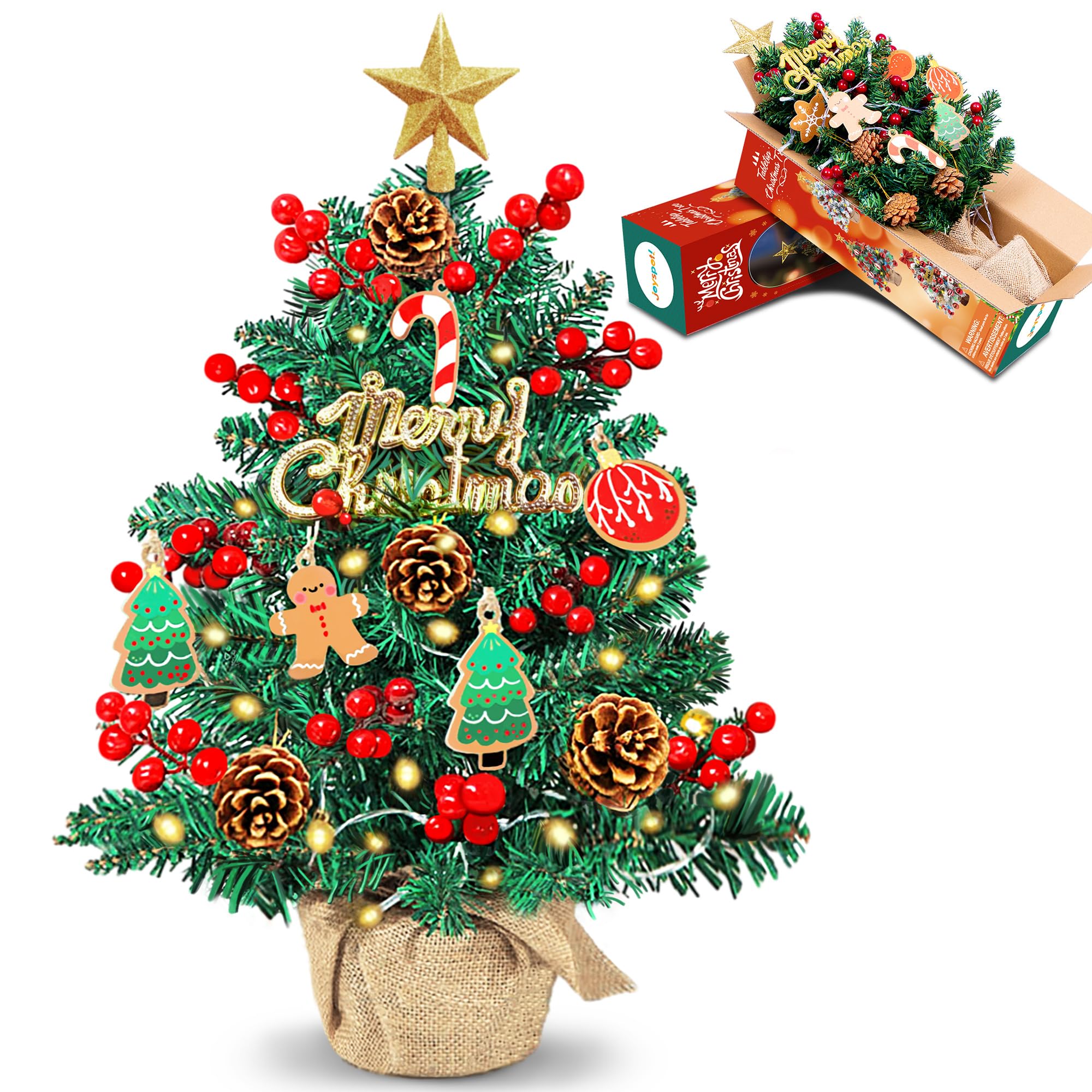 Photo 1 of 2FT Tabletop Mini Christmas Tree, 24 Inch Small Artificial Christmas Tree with Warm LED Lights, Star Treetop, DIY Ornaments, New Xmas Pine Tree Decoration for Kid Friend Family Holiday Home Office