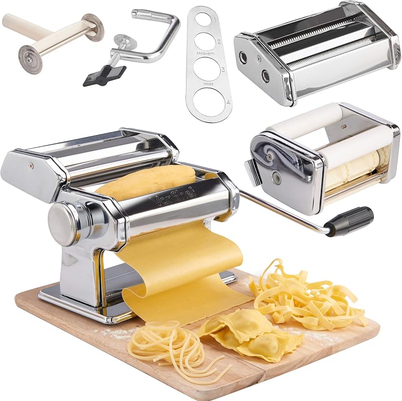 VonShef Manual Pasta Machine Stainless Steel with Clamp, Cutter & Spaghetti