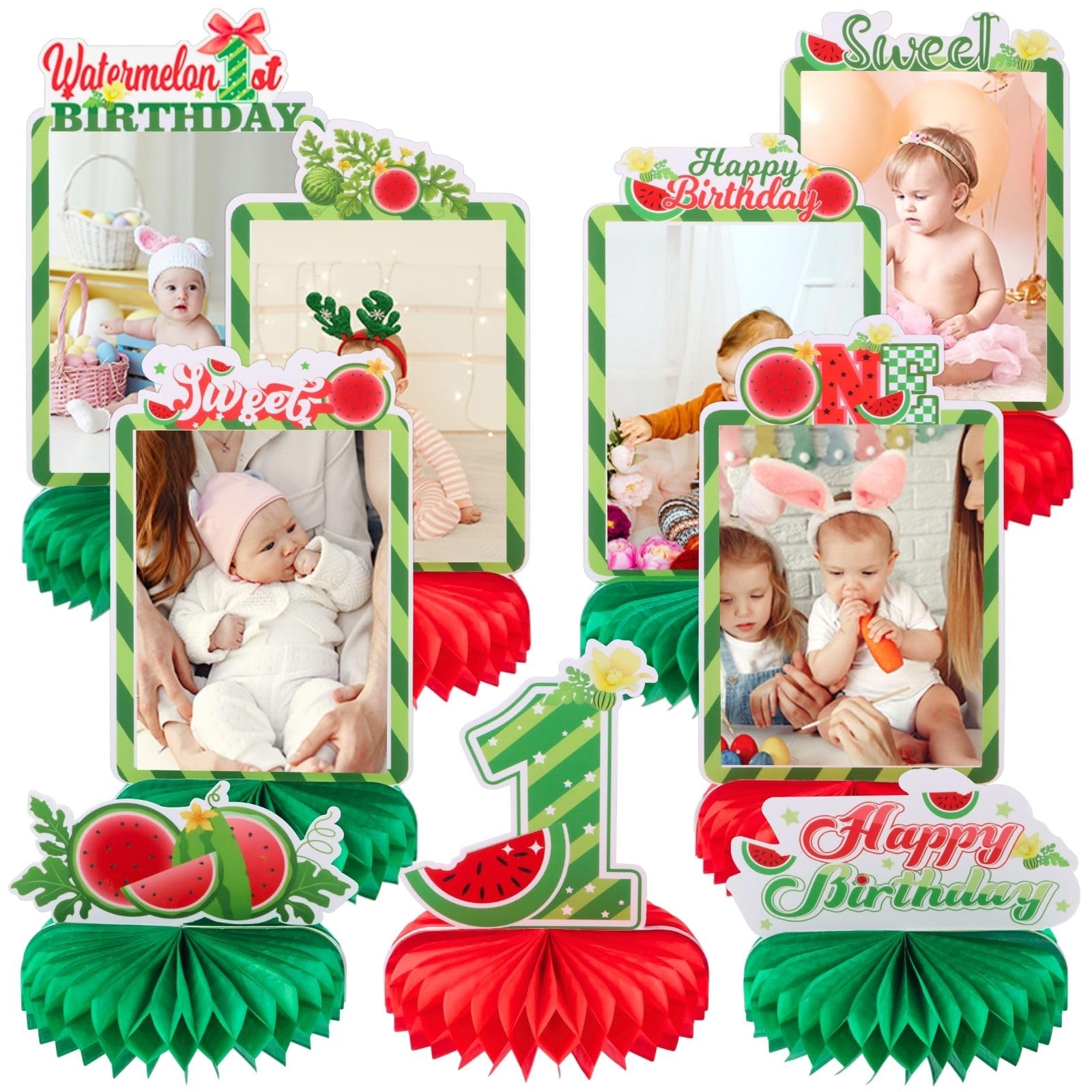 Photo 1 of 9pcs Watermelon Photo Honeycomb Centerpieces One in a Melon First Birthday Party Table Decorations Sweet One Watermelon Tabletop Centerpieces for Baby Shower 1st Birthday Table Topper Sign Decorations