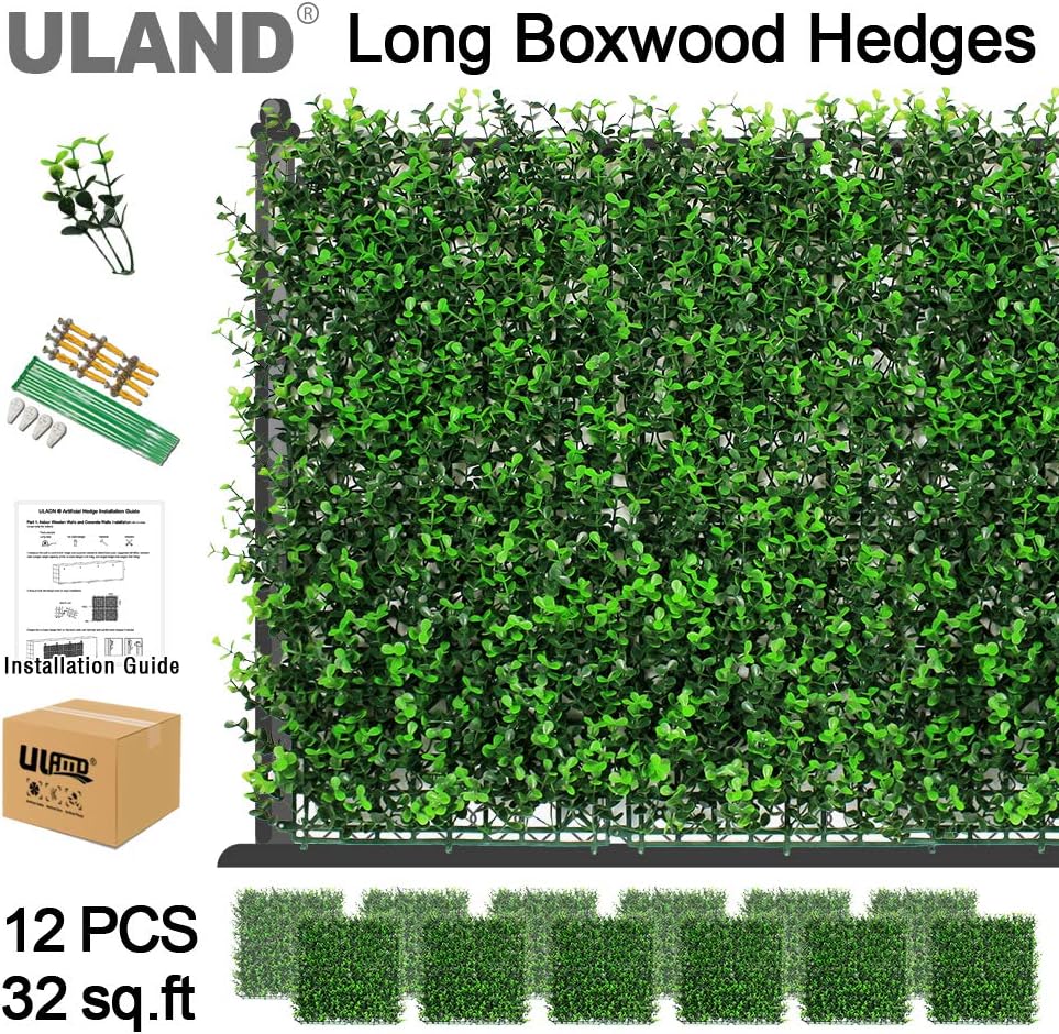 ULAND Artificial Boxwood Hedges Panels, Greenery Grass Wall Decoration, Outdoor Garden Home Wall Decoration, Pack of 12pcs 20"x20"