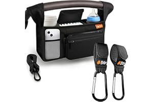Baby Uma Stroller Caddy & Stroller Hooks - Universal Organizer Bag with XL Insulated Cup Holder, Phone Pocket, Wipes Dispenser, Wrist Bag & Mesh Pocket + 2 Carabiner Clips, Baby Travel Essential Kit