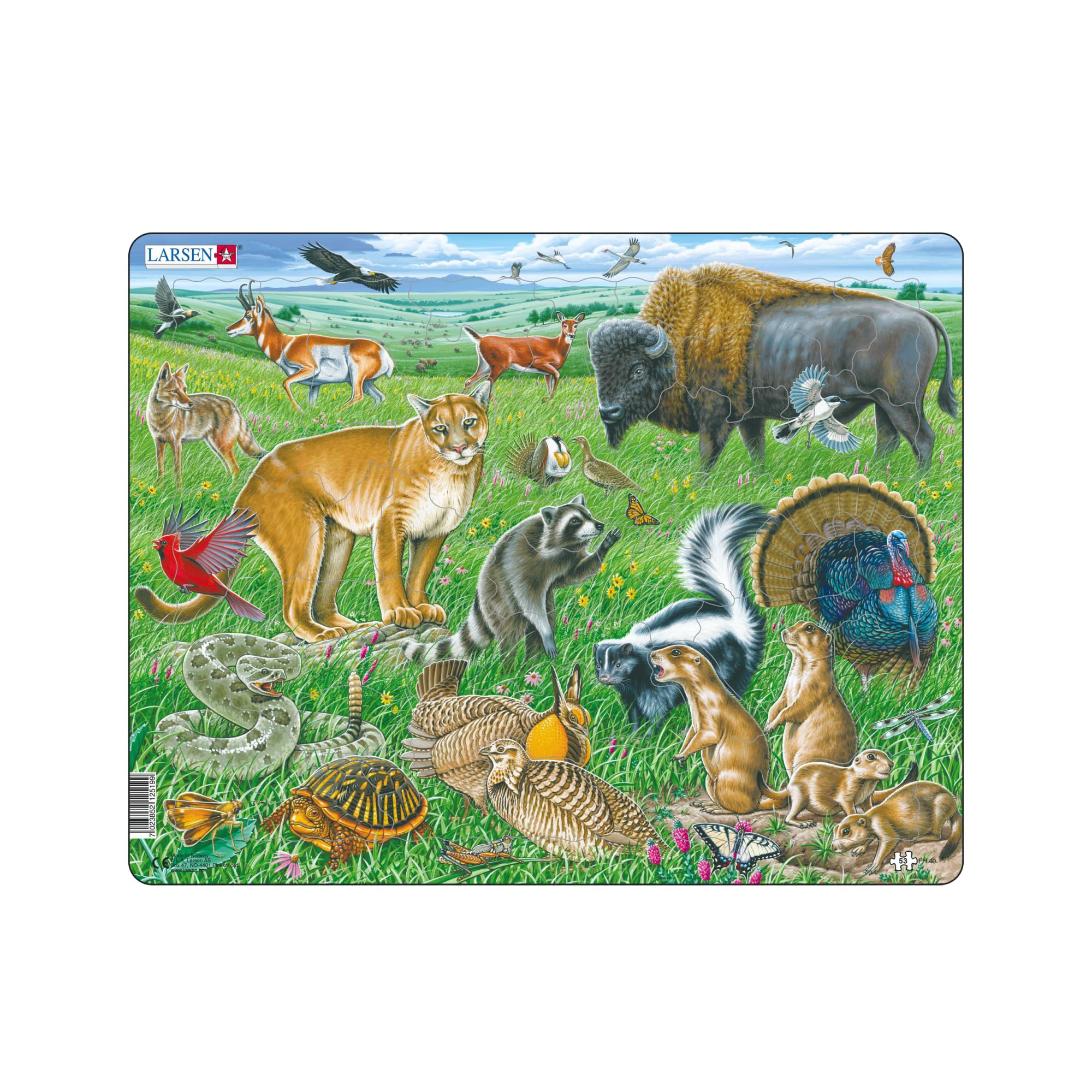 Larsen Puzzle Great American Prairie Wildlife, Ages 6+, Nature Jigsaw, Educational Animal Puzzle, Figure Pieces, Tray & Frame, 53 pcs, Learn About Ecosystem