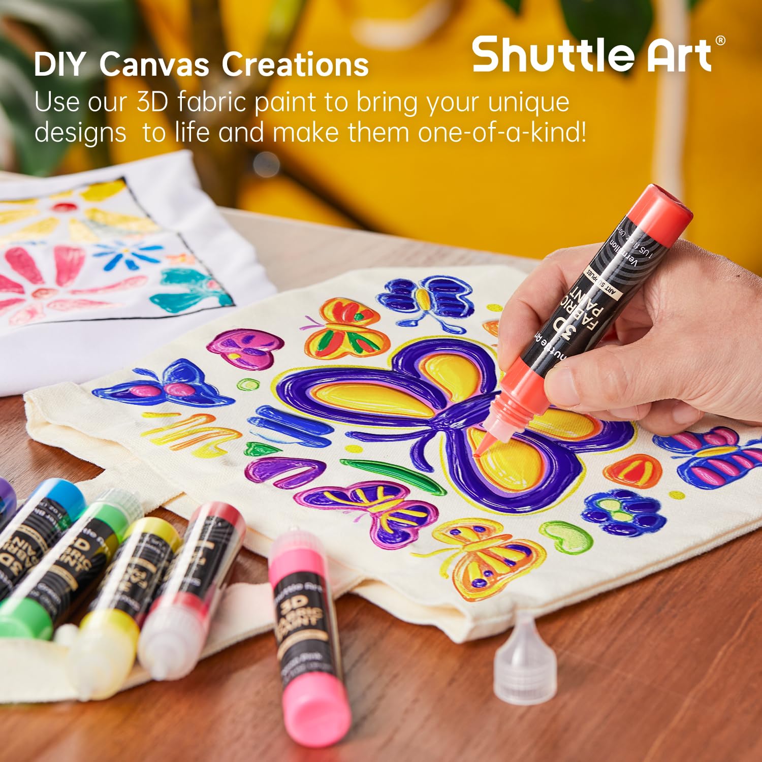 66 Colors Fabric Paint, Shuttle Art 3D Fabric Paint with Stencil and Brushes, Permanent Textile Paint Includes Neon, Metallic, Glitter and Glow in the Dark Paint, Ideal for Clothing and DIY Decoration