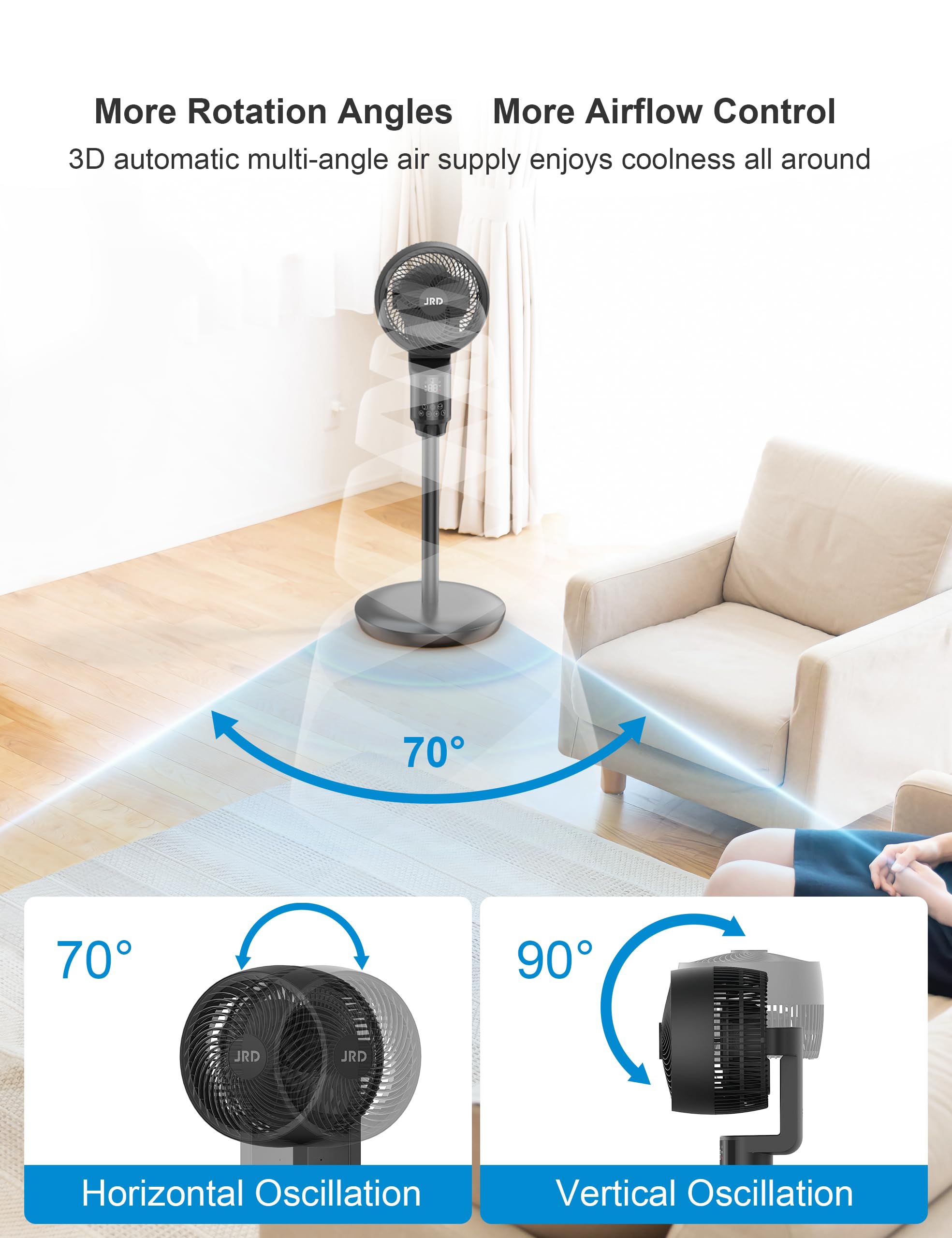 JRD Fan for Bedroom, 70° Oscillating Standing Fans, Quiet Floor Fan, 100ft Pedestal Fans for Room, 6 Speeds, 3 modes,90° Manual Vertical, 19-38