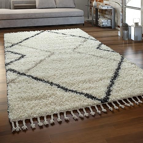 paco home hochflor teppich wohnzimmer shaggy langflor skandi muster mit fransen creme schwarz grosse 120x170 cm amazon de kuche haushalt wohnen