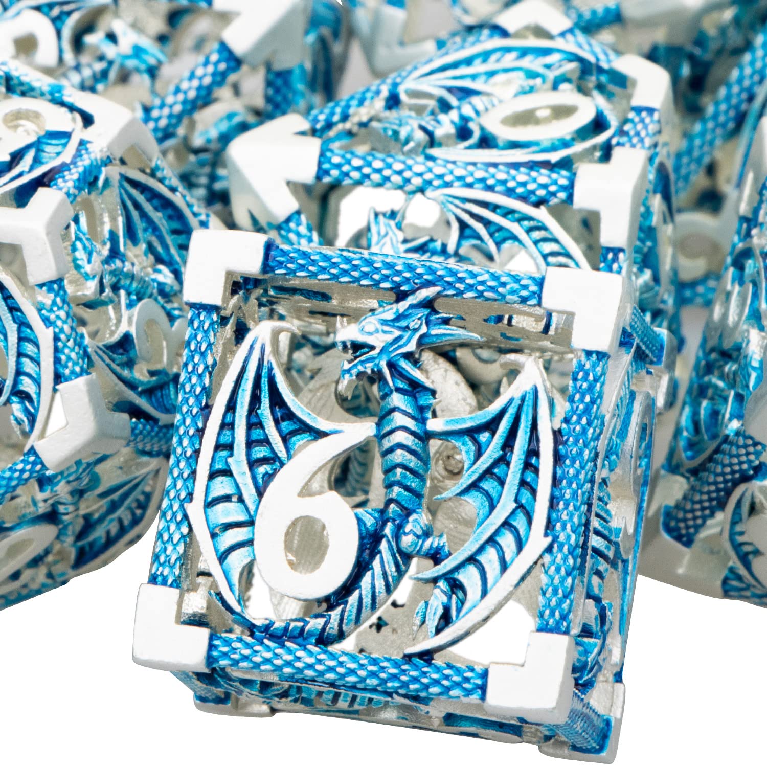 ARUOHHA Hollow DND Dice Set 7PCS Silver Blue Metal Dragons Dice with Gift Box, D and D Dice RPG Role Playing Games, Dungeons Polyhedral Dice Set D20 D12 D10 D8 D6 D4 — image 1