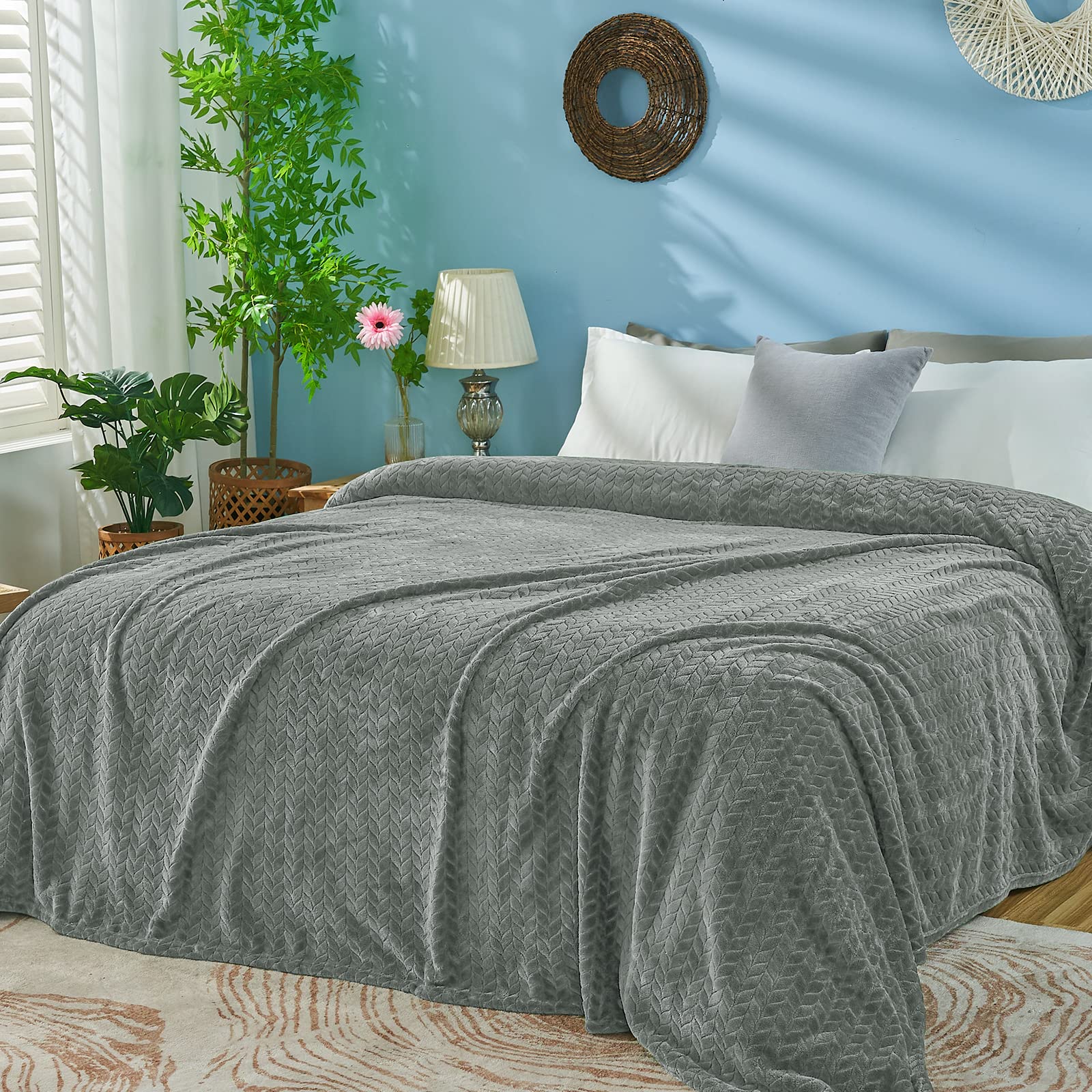 inhand Grey Fleece King Blanket for Bed, Super Soft Flannel Cozy Blankets for Adults, Lightweight Leaves Pattern Fuzzy Blanket for Office,Travel, Warm Plush Blankets for All Season, 90x108 Inches Image