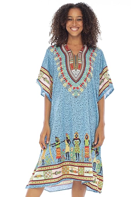 Buy Back From Bali Womens Short Kaftan Ethnic Print V Neck Blue Boho