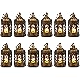 LLQ Mini Lantern with LED Candle, 12PCS Small Lanterns Decorative Indoor, Vintage Moroccan Lantern for Ramadan Decorations, Hanging Decor for Wedding Christmas, Table Centerpiece, Brushed Brass
