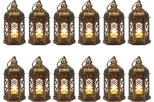 LLQ Mini Lantern with LED Candle, 12PCS Small Lanterns Decorative Indoor, Vintage Moroccan Lights for Halloween Decorations, Hanging Ornaments for Christmas, Table Centerpiece, Boho Wedding Decor