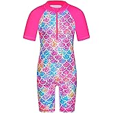 TFJH E Short Sleeve Girls Swimsuits UV 50+ One Pieces Bathing Suits Zipper 2-14Y