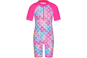 TFJH E Short Sleeve Girls Swimsuits UV 50+ One Pieces Bathing Suits Zipper 2-14Y