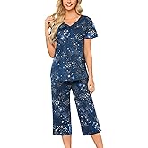 ENJOYNIGHT Womens Pajama Sets Cotton Summer Pjs Tops with Capri Pants Sleepwear