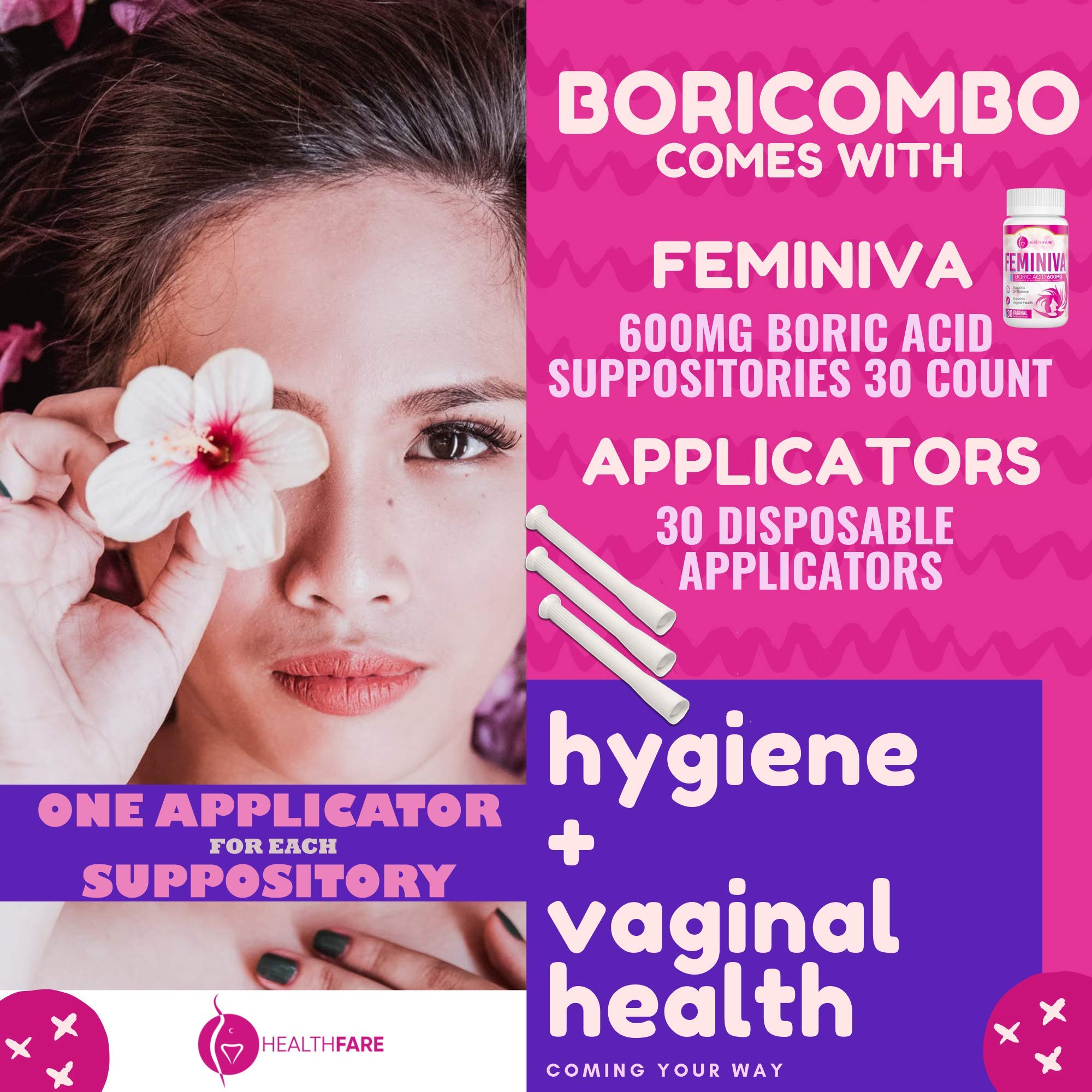 Boric Acid Vaginal Suppositories 600mg 30Count w/ 30 Vaginal