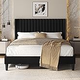 Yaheetech Queen Bed Frame Upholstered Platform Bed with Fabric Headboard, Wing Edge Design/Non-Slip and Noise-Free/Wooden Slats Support/No Box Spring Needed/Easy Assembly, Black Queen Bed