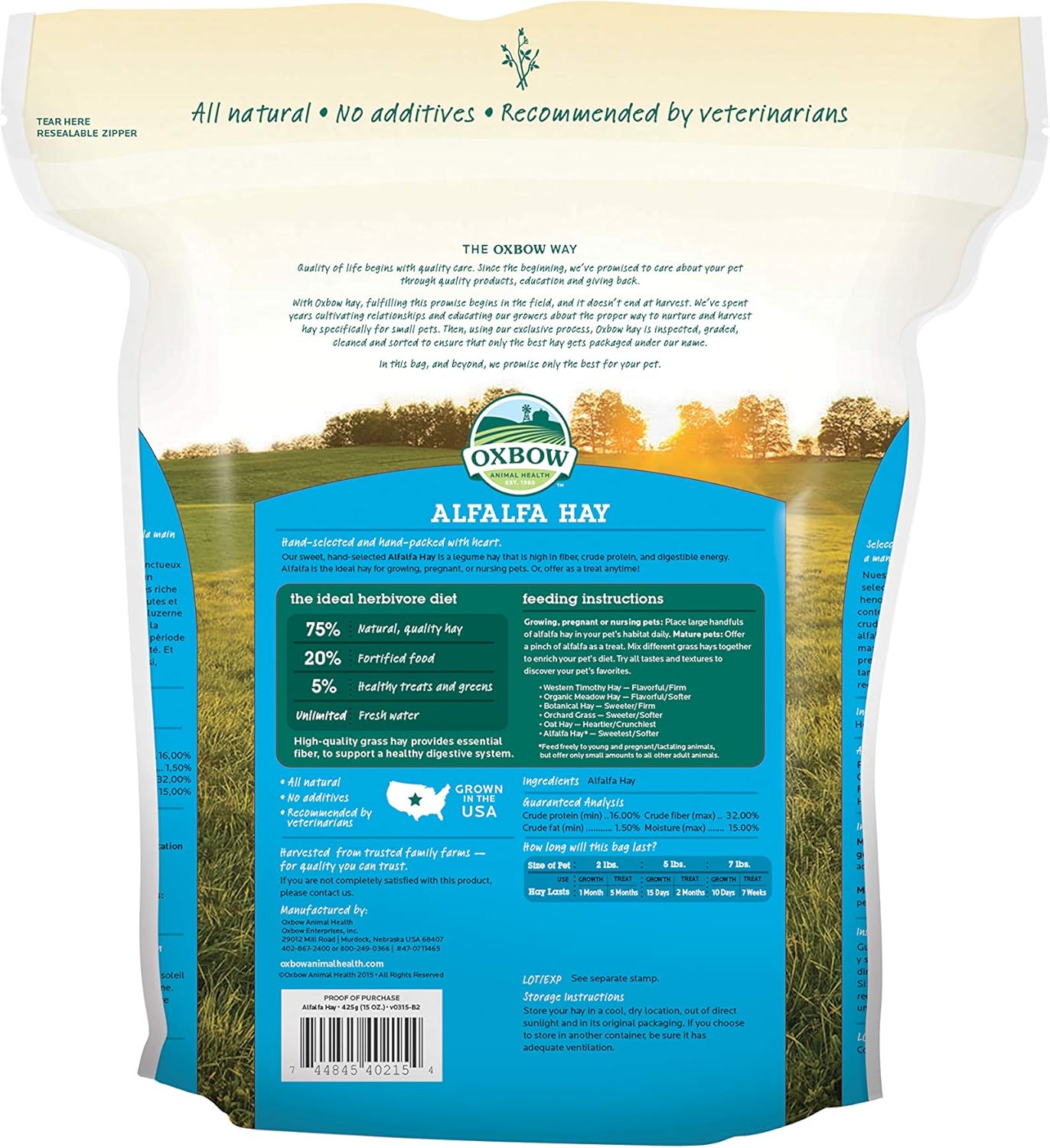 Oxbow Animal Health Alfalfa Hay, For Rabbits, Guinea Pigs, And Small Pets, Grown In The USA, Hand-Selected And Hand-Sorted, 15 Ounce: Pet Supplies