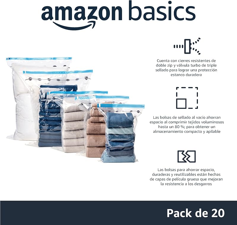 Amazon basics - sacos de armazenamento compressíveis a vácuo, inclui bomba de vácuo manual, zíper, múltiplo, 20 unidades (5 pequenas, 5 médias, 5 grandes e 5 jumbo), transparente