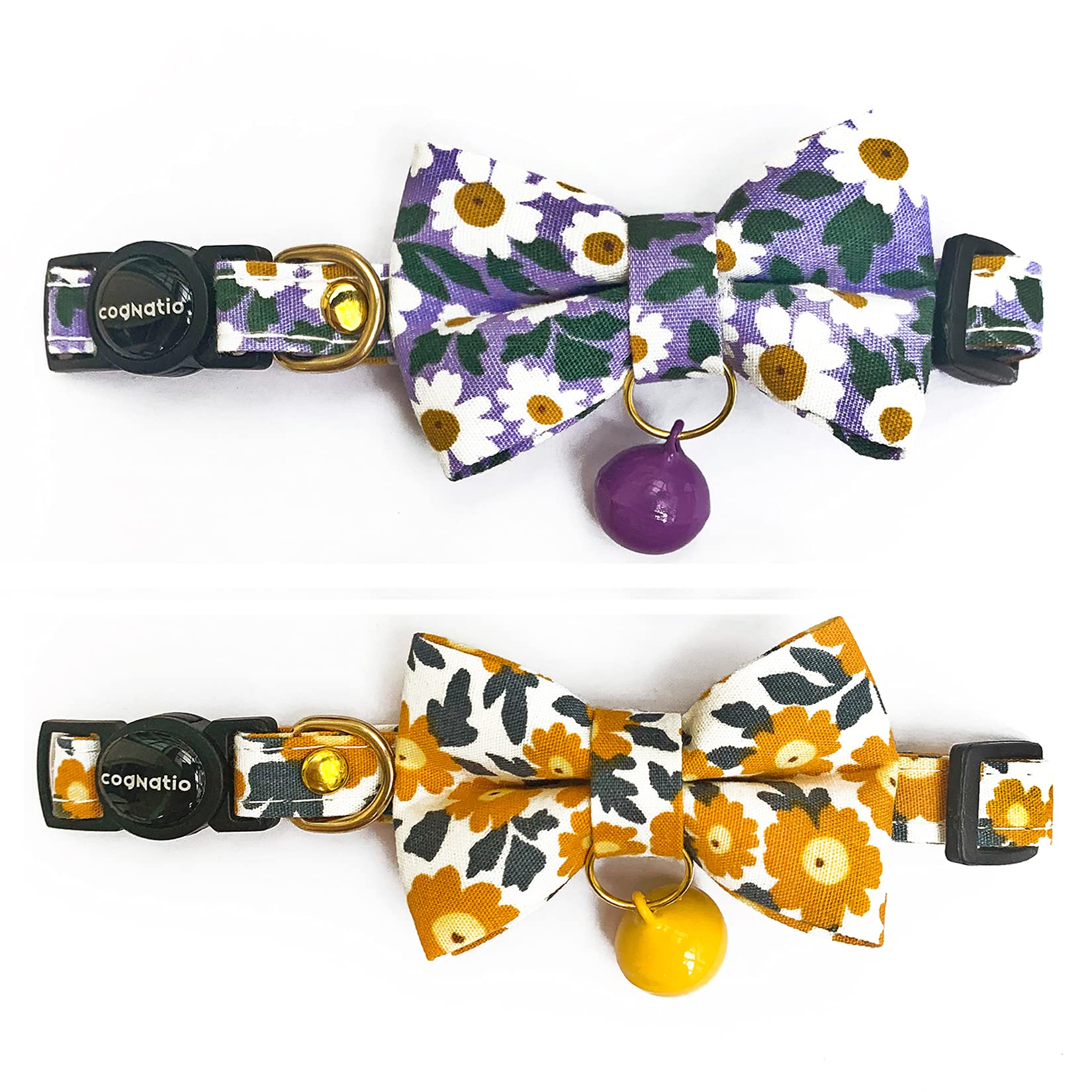 Cognatio Cat Collars with Bells and Safety Release Buckle, Floral Bow Tie Kitten Collars, Adjustable 20-30 cm, 2 Pack, Orange+Purple