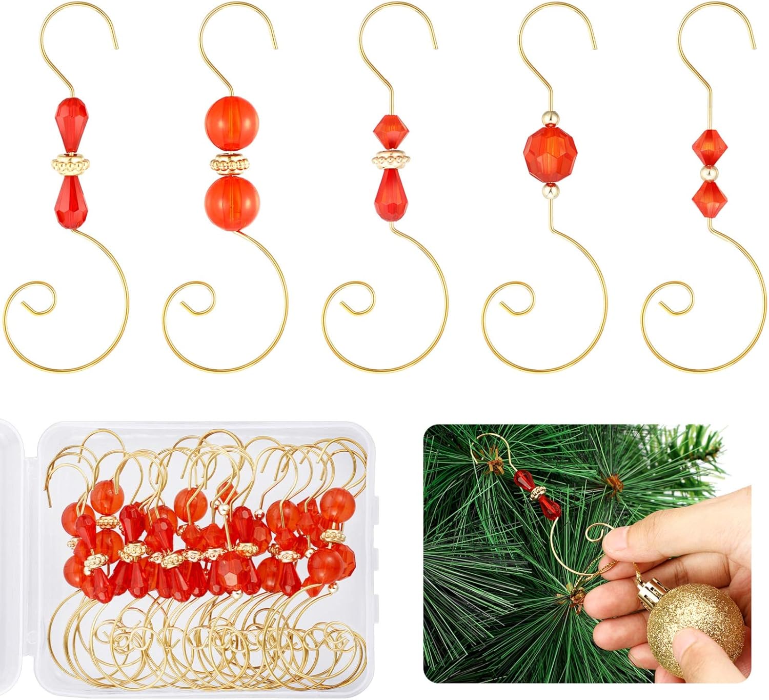 Ornament Hooks - Christmas Ornament Hooks Gold and Red Beaded Christmas Ornament Hooks for Christmas Decoration (30)