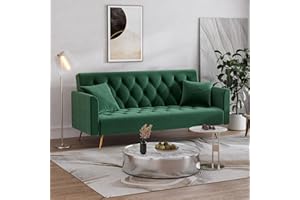 OUYESSIR Velvet Futon Sofa Bed with 2 Pillows, Convertible Futon Couch, Sturdy Sleeper Sofa in 71 inch, Small Futon Sofas (Green)