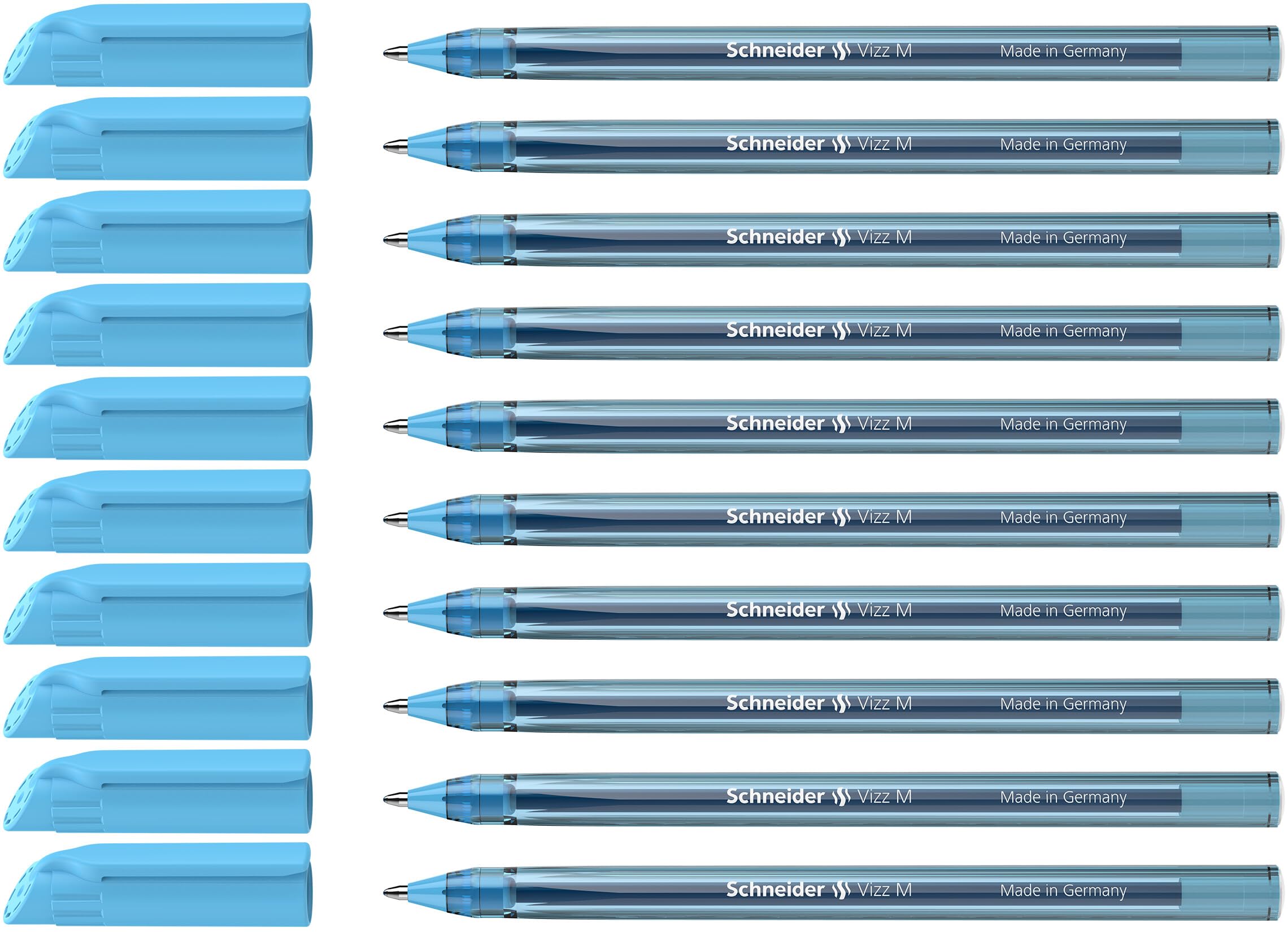Schneider 10 x Vizz Ballpoint Pen - Easy and Fast Writing - Colour Ink Barrel - Medium Line - Light Blue - 102210