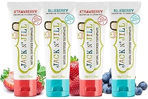Jack N' Jill Natural Toothpaste for Baby and Infants - Fluoride Free Training Toothpaste, 40% Xylitol, BPA Free - Strawberry & Blueberry, 1.76 oz (Pack of 4)