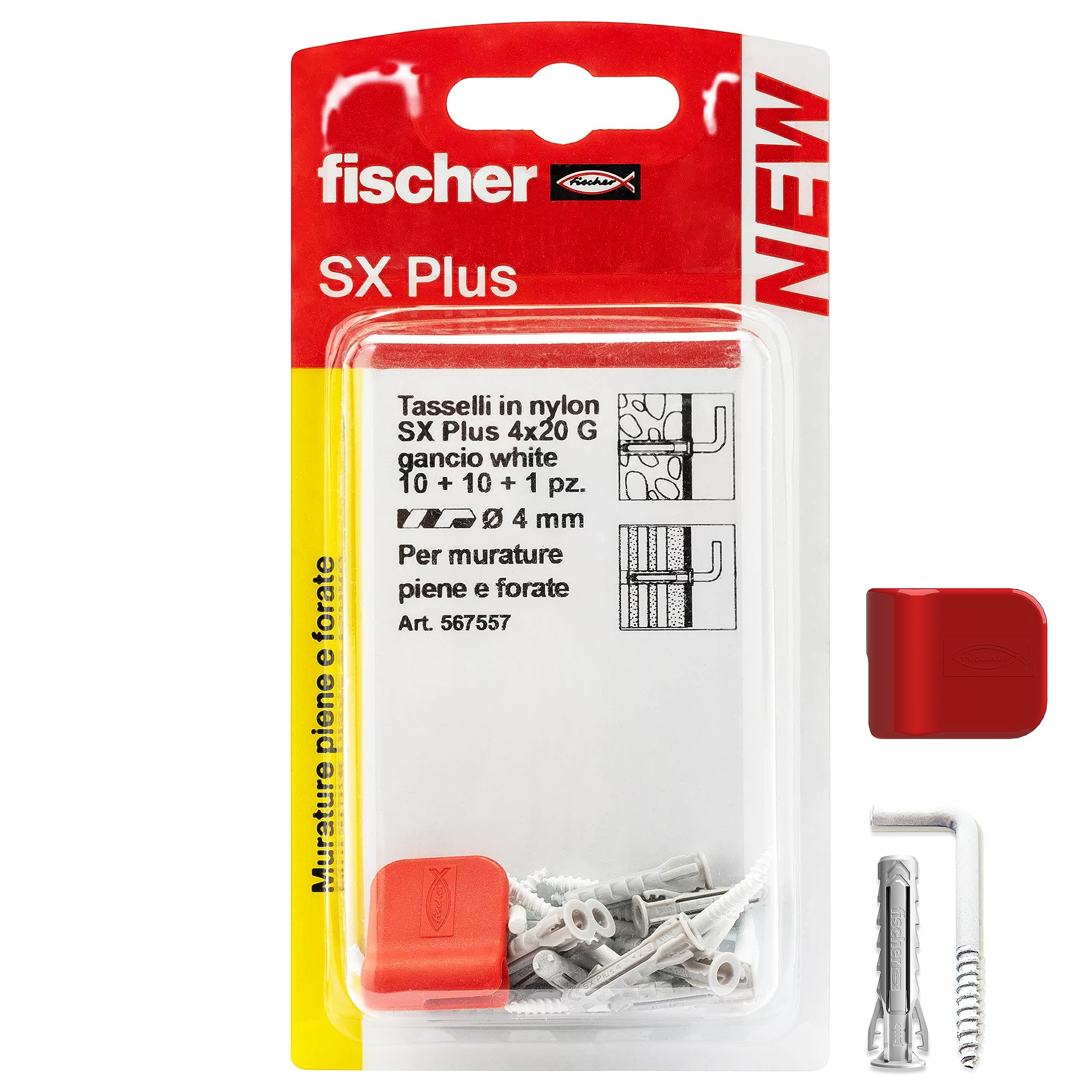 Fischer 10 White Picture Hooks with 4 mm Dowels and Fixing Clips, Clean Installation on Wall for Heavy Frames, 567557