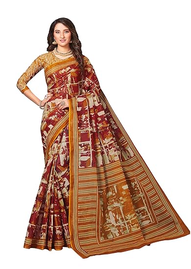Womens Pure Cotton Printed Saree with Blouse Piece (SKR5625_Maroon-Mustard)