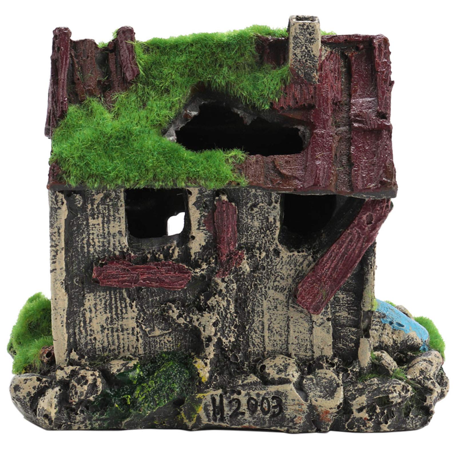 Garosa Aquarium Resin Decoration Ancient House Fish Tank Ornament with Moss Shrimp Hiding Cave for Fishes Nest Flocking