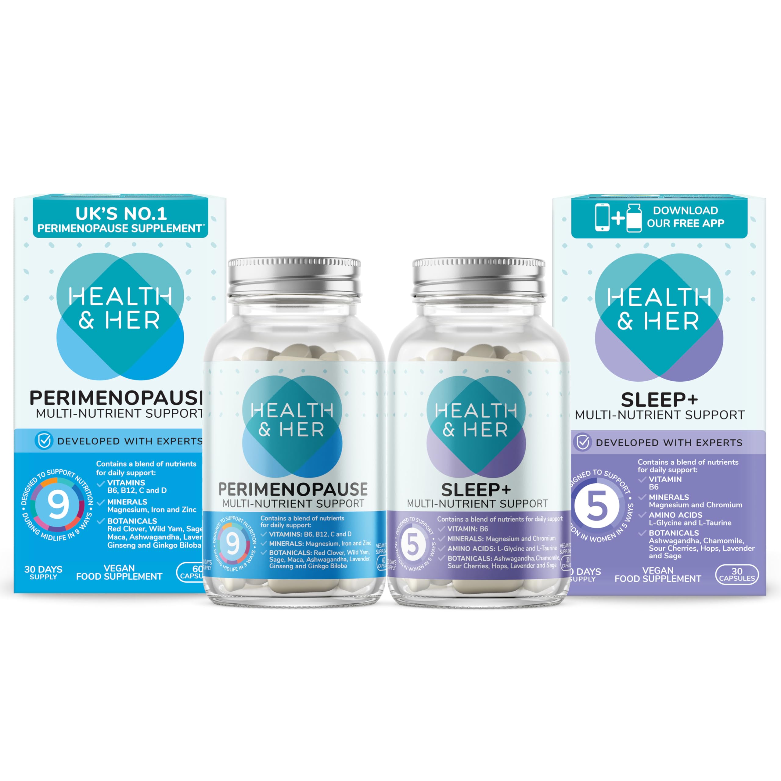 Health & Her Perimenopause Supplements for Women - Day & Night Bundle - Wellbeing for The Early Stage of Menopause - 1 Month Supply Vegan & Gluten Free