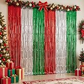 LOLStar Christmas Decorations, 3 Pack Red Silver Green Foil Fringe Curtains | 3.3X6.6 ft Christmas Photobooth Props Tinsel Backdrop, Christmas Party Decorations, for Ugly Sweater Party, Christmas in July