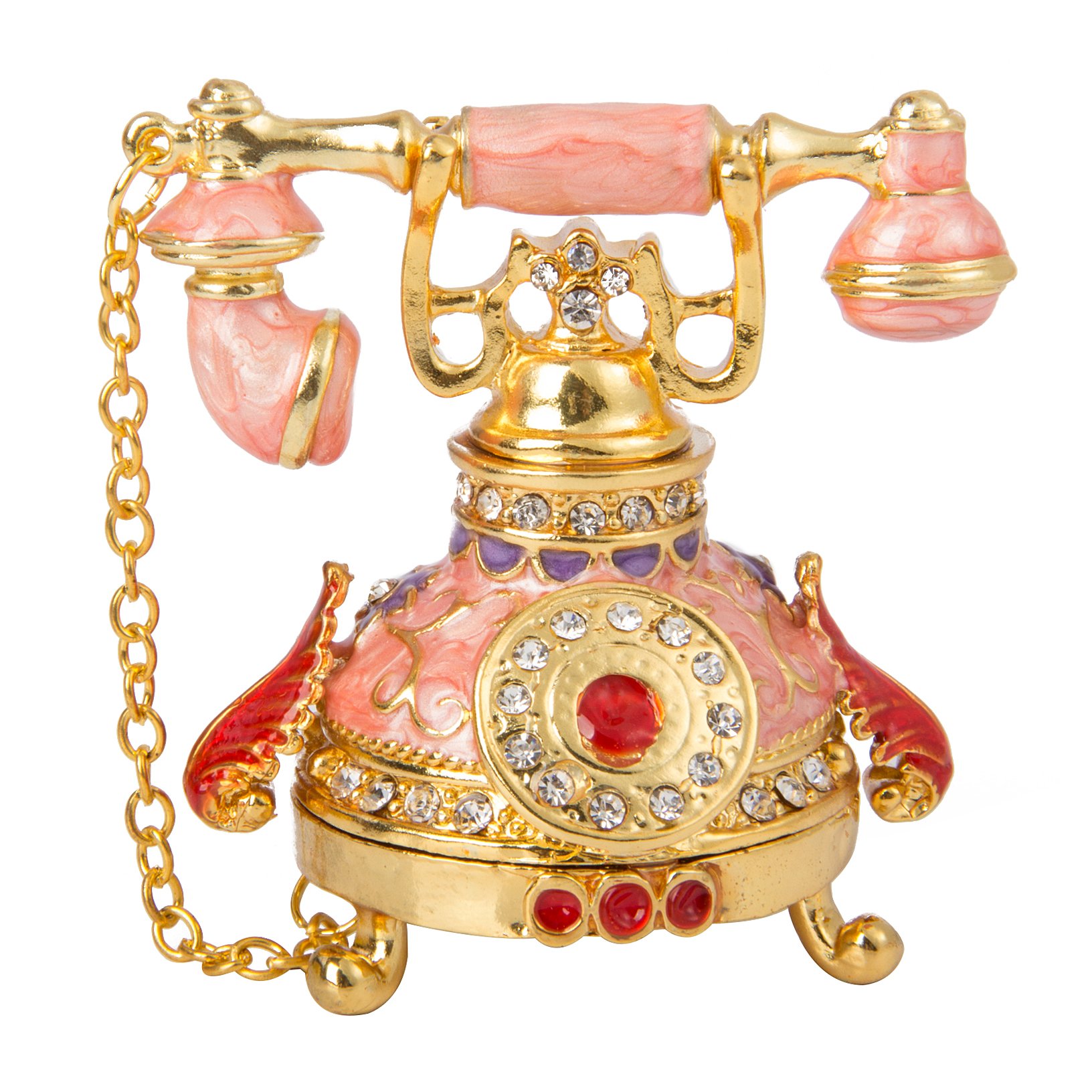 QIFU Hand Painted Pink Small Telephone Style Enamel Trinket Box, Unique Gift for Family(QF648)