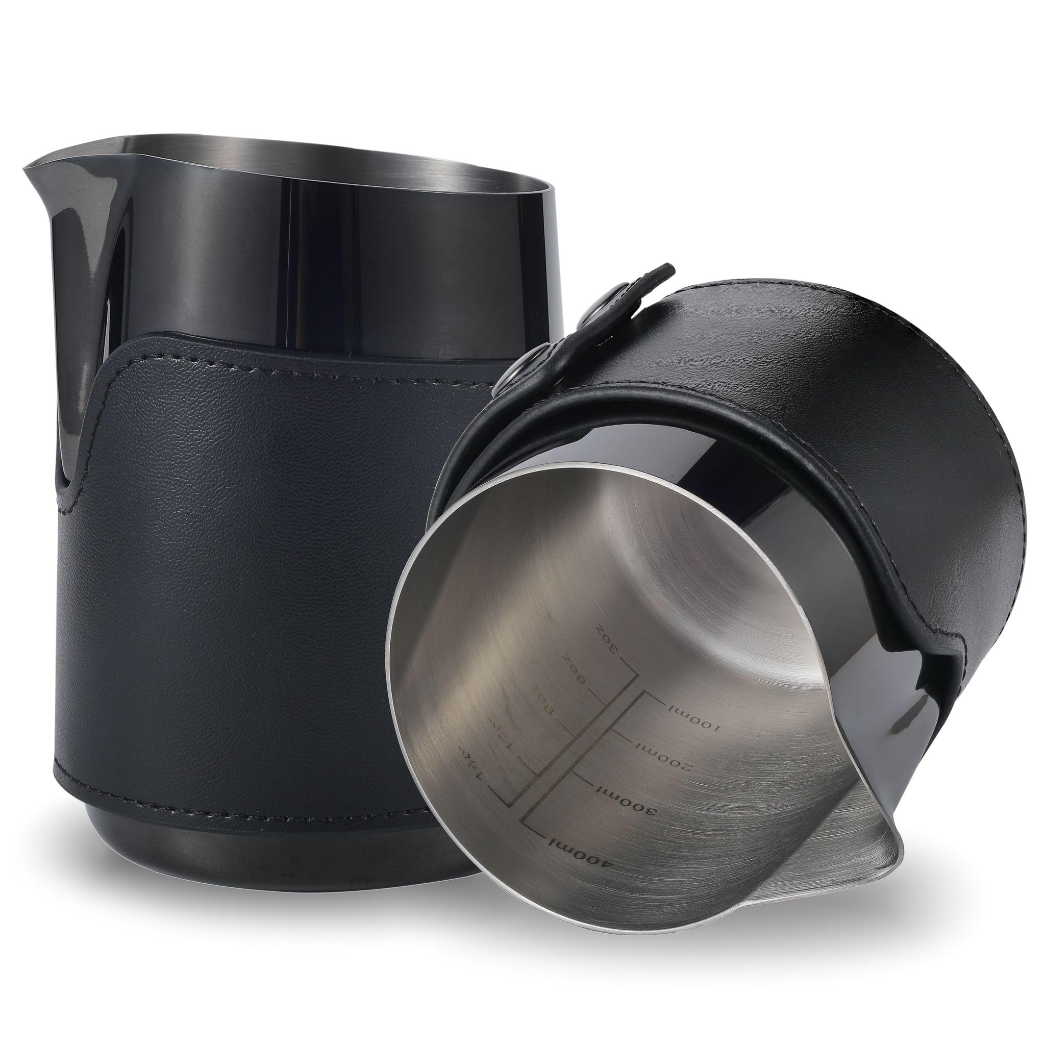 KNODOS Milk Pitcher Handleless Latte Steaming Pitcher (Black, 400ml, 14oz) with Leather Sleeve Stainless Steel Milk Frothing Jug