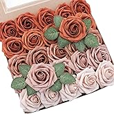 Floroom Artificial Flowers 25pcs Real Looking Burnt Orange Ombre Colors Foam Fake Roses with Stems for DIY Wedding Bouquets Bridal Shower Floral Centerpieces Party Tables Home Decorations