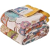 ERZVND Boho Throw Blanket Reversible Muslin Bohemian Tapestry, Flower Decorated Bohemian Sofa,Couch Cover, Lightweight 100% Cotton Throw Blankets, Rustic Boho Quilt Blanket,Bedspread, 50"x60"