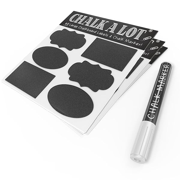 [Top Rated Chalkboard Labels] Complete Bundle with 60 Blackboard Stickers (3.5" x 2") + Free White Liquid Chalk Pen. Perfect for Mason Jars, Kids Room, Crafts, Organizing, Parties, Weddings & More!