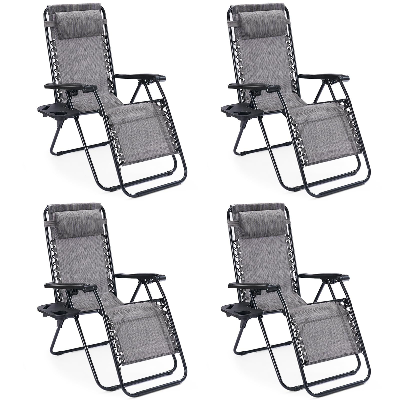 Sweetcrispy Zero Gravity Chairs, Set of 4 Portable Recliner Beach Camping Patio Outdoor Folding Lounge Chair with Cup Holder Trays and Adjustable Pillow for Poolside, Garden, Backyard, Lawn (Grey) Image