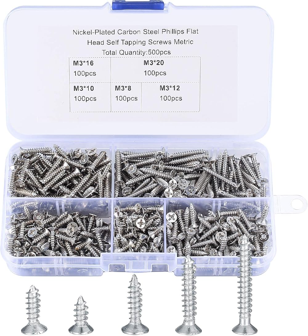 LJAPPLIED 500 Pcs M3 Self Tapping Screws Flat Head Countersunk Box 8-20mm
