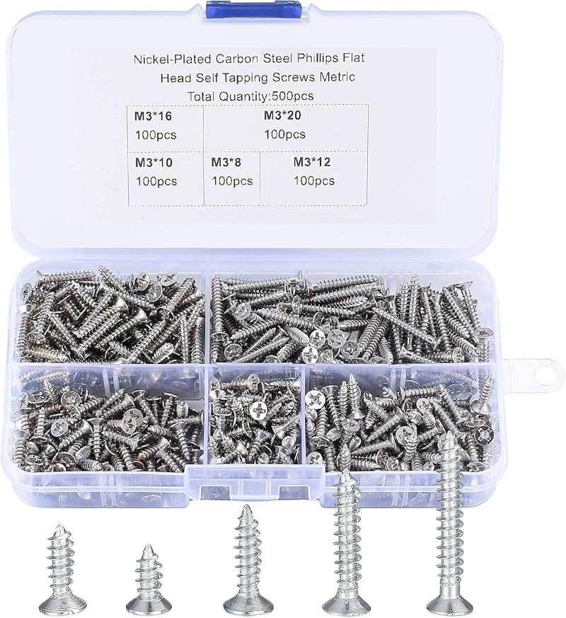 LJAPPLIED 500 Pcs M3 Self Tapping Screws Flat Head Countersunk Box 8-20mm