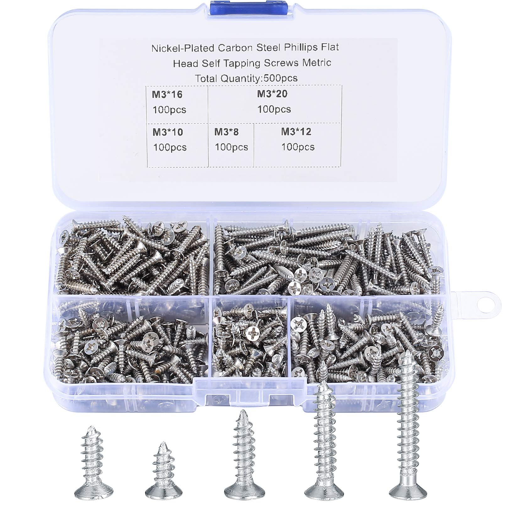 500 Pcs M3 Self Tapping Screws, Wood Decking and Concrete Fasteners, Cross Drive Flat Head With Plastic Box for Home DIY - 8/10/12/16/20 mm