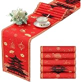 Fanfanwin 4 Pcs Hibachi Party Decorations Hibachi Table Runner 13 x 72 Inch | Faux Linen Table Covers, Asian Pagoda Lantern Print Red Tablecloth for Chinese Japanese Themed Birthday Party Supplies