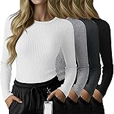 Velvelhall 4 Pack Women's Underscrub Shirts Long Sleeve Ribbed Crewneck Tops Slim Fit Soft Cotton Undershirts for Nurse