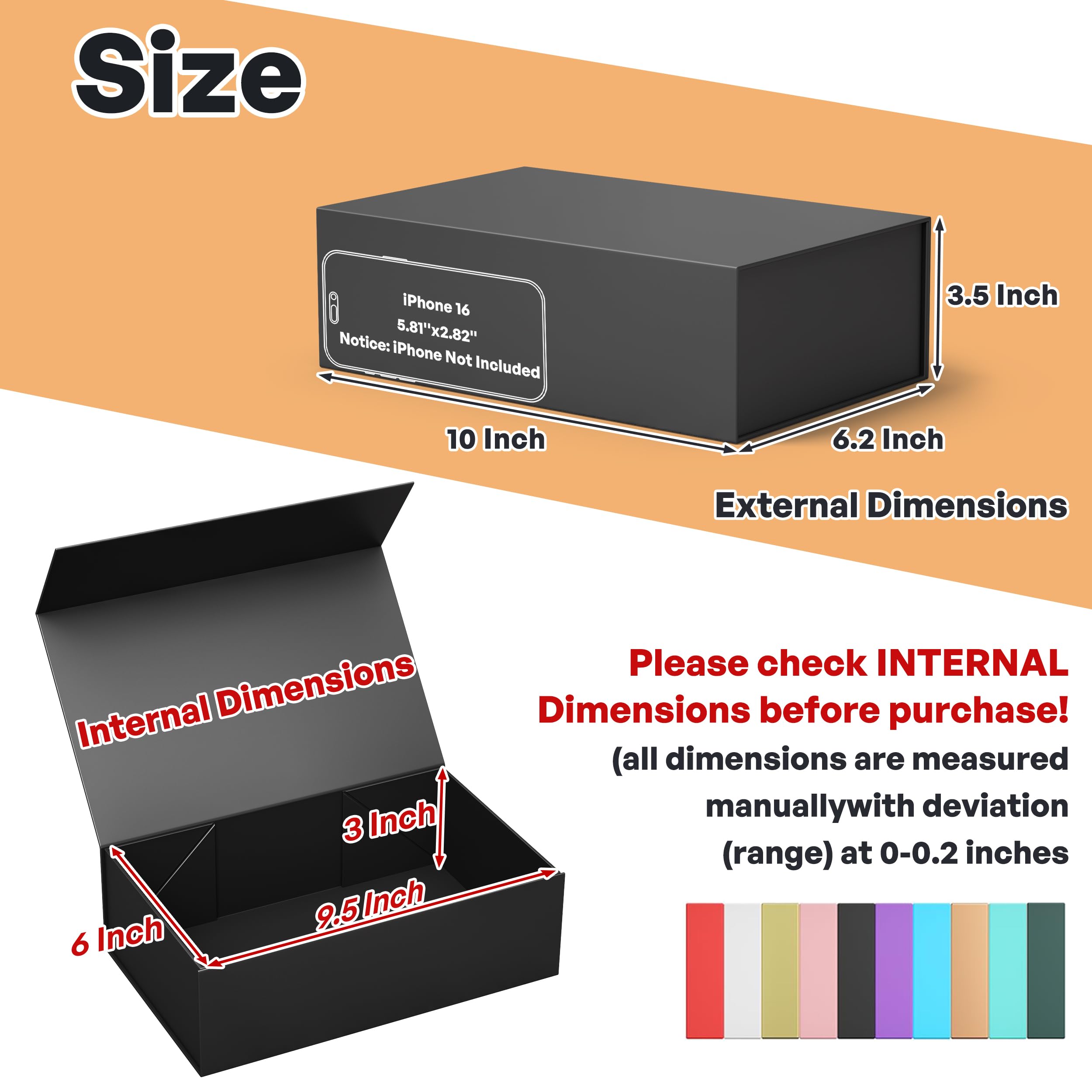 RYDDOY Black Gift Box, 9.5x6x3'' Gift boxes for Presents with Lids Magnetic Closure Rectangle Collapsible for Groomsman Proposal Box, Wedding, Christmas, Halloween, Birthday Gift Packging