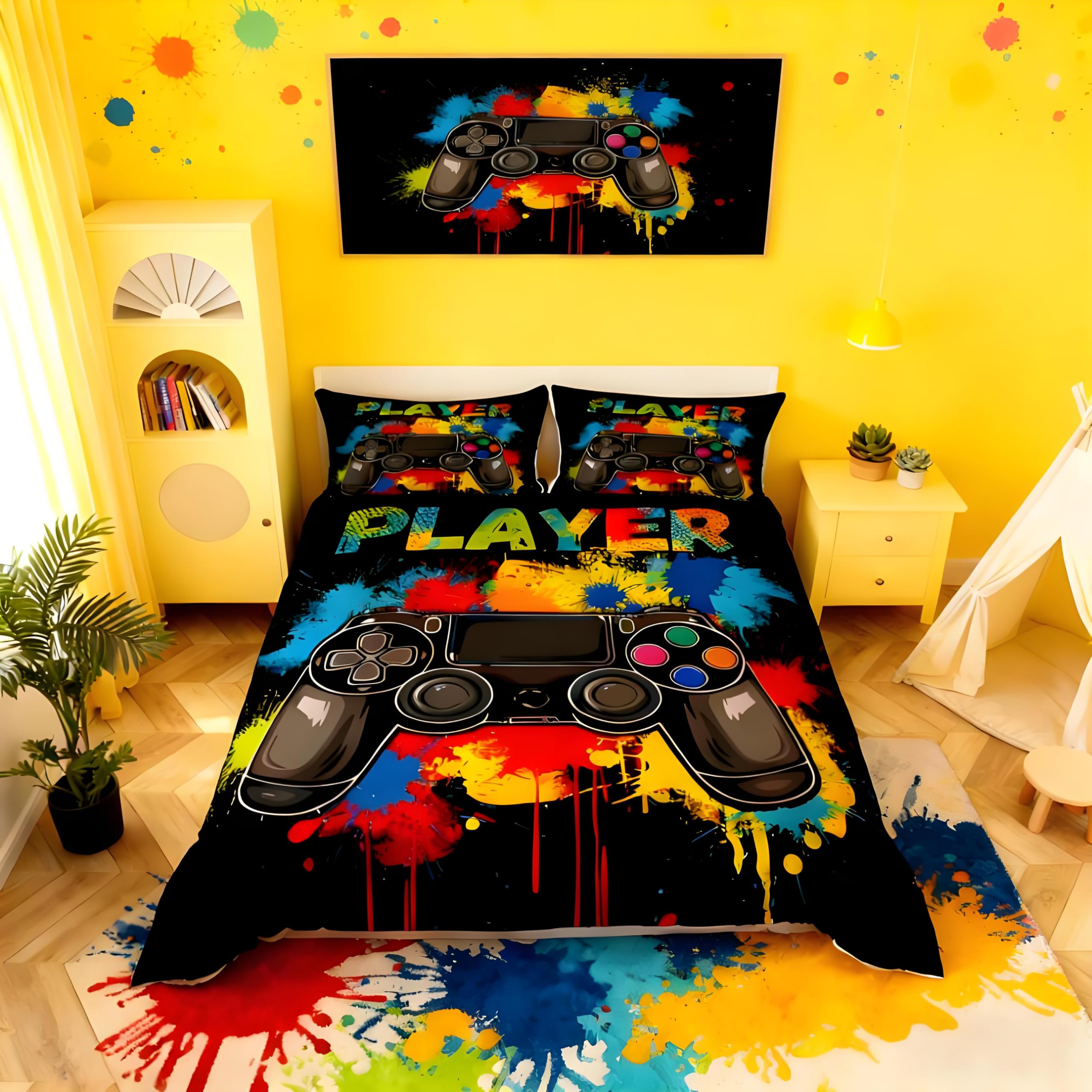 Homemissing Game Controller Duvet Cover 200x200cm Gamer Bedding Set for Teens and Boys Game Players Bedding Black Tie Dyed Comforter Cover Color Ink Decoration with 2 pillowcases — image 1