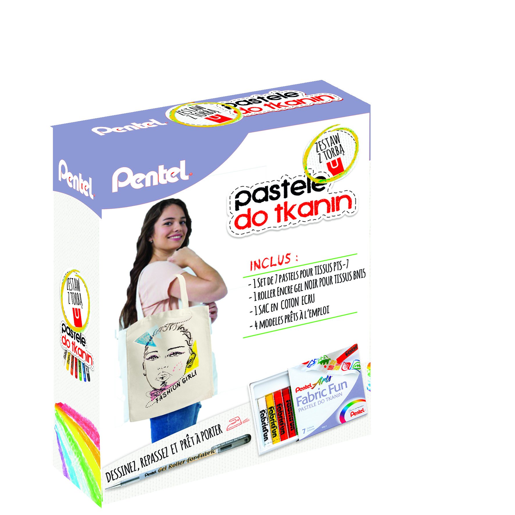 Pentel Arts Creative Kit Fabricfun & Gel Roller for Fabric Box of 7 PTS-7 Fabric Pastels 1 Black Gel Ink Roller for BN15 Fabric + 1 Tote Bag & 4 Designs Included