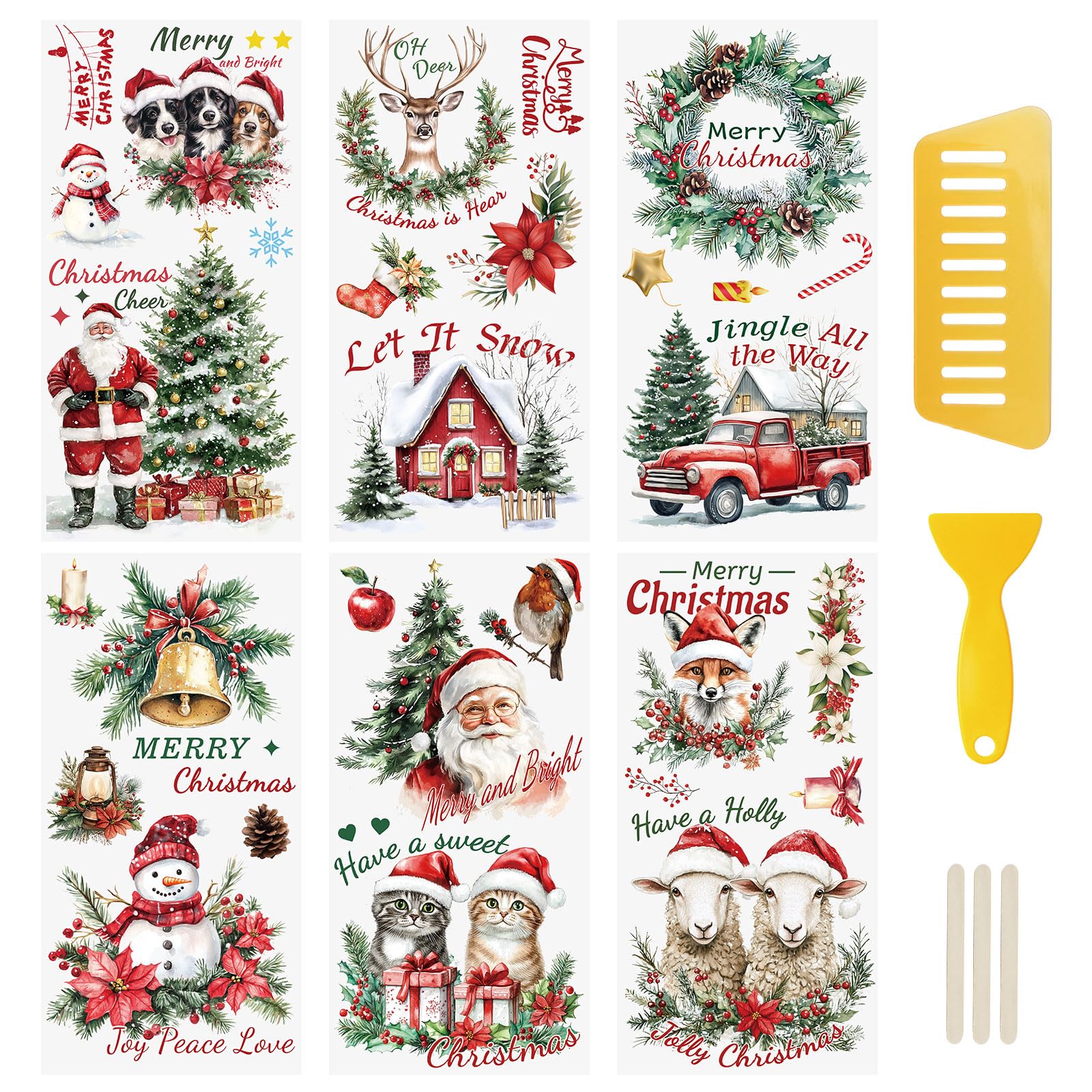 WANDIC 6PCS Christmas Theme Rub On Transfer Stickers, Snowman, Reindeer, Santa Claus Transfer Decals for DIY Scrapbooking Photo Furniture Windows